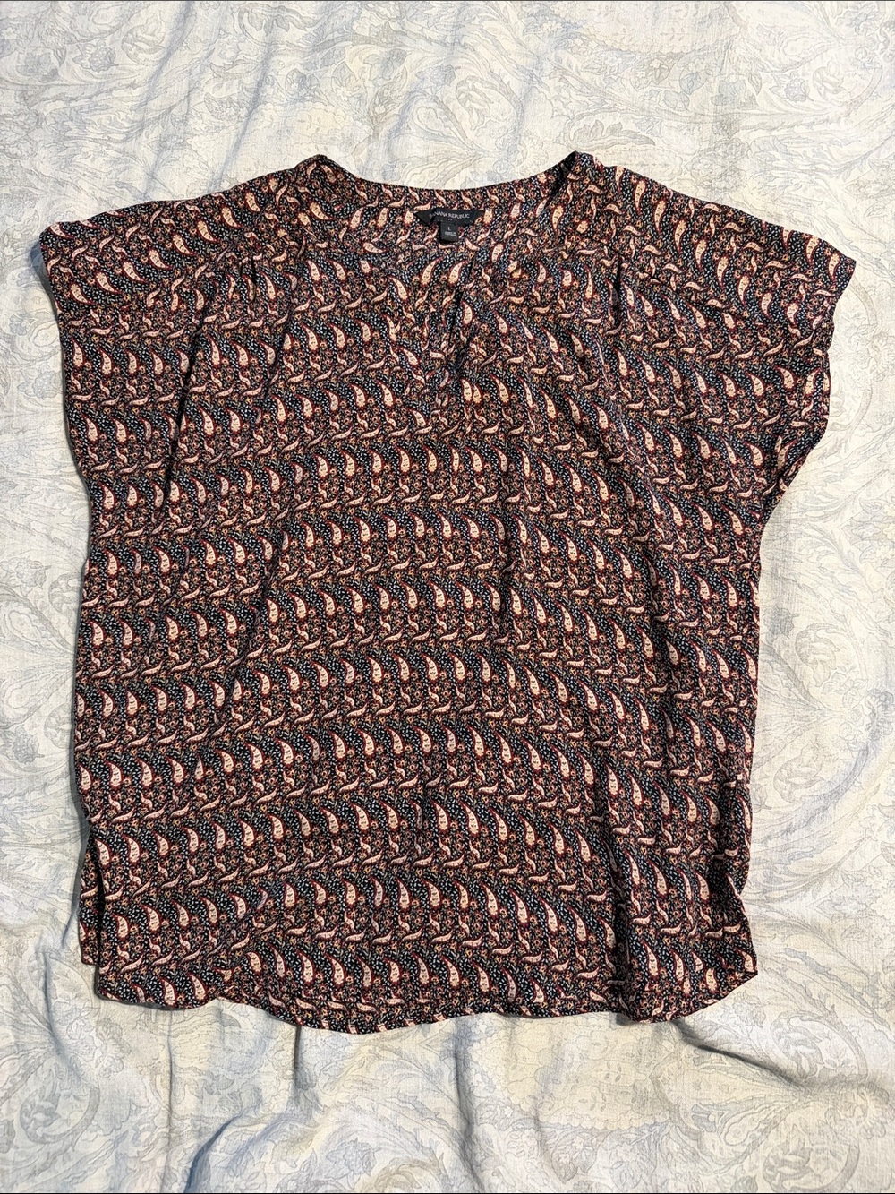 Banana Republic Black Paisley Short Sleeve Blouse with Pink Accents